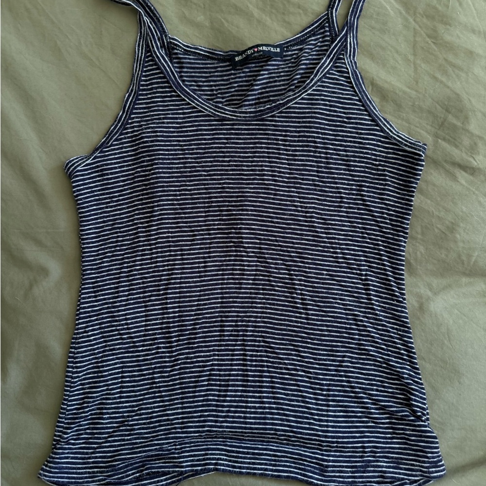 Brandy Melville Blue and White Fitted Ribbed Tank Top